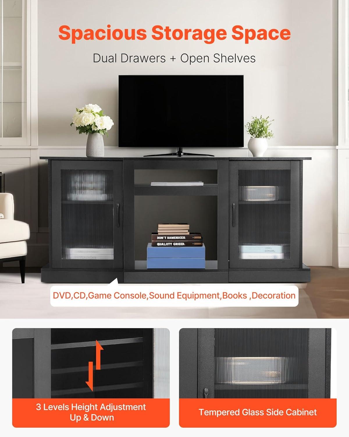 imageVEVOR TV Stand for TVs up to 65 inch Modern Entertainment Center with Light Strip Wooden TV Cabinet Storage with Glass Doors and Adjustable Shelves Console Table for Living Room and Bedroom Black