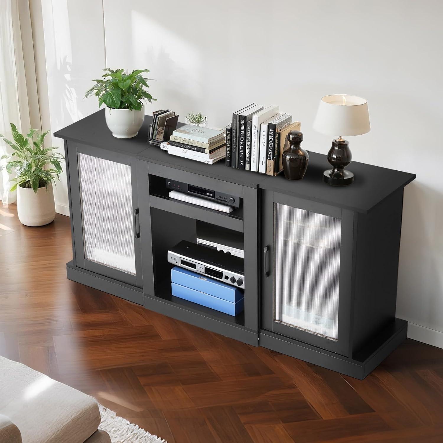 imageVEVOR TV Stand for TVs up to 65 inch Modern Entertainment Center with Light Strip Wooden TV Cabinet Storage with Glass Doors and Adjustable Shelves Console Table for Living Room and Bedroom Black