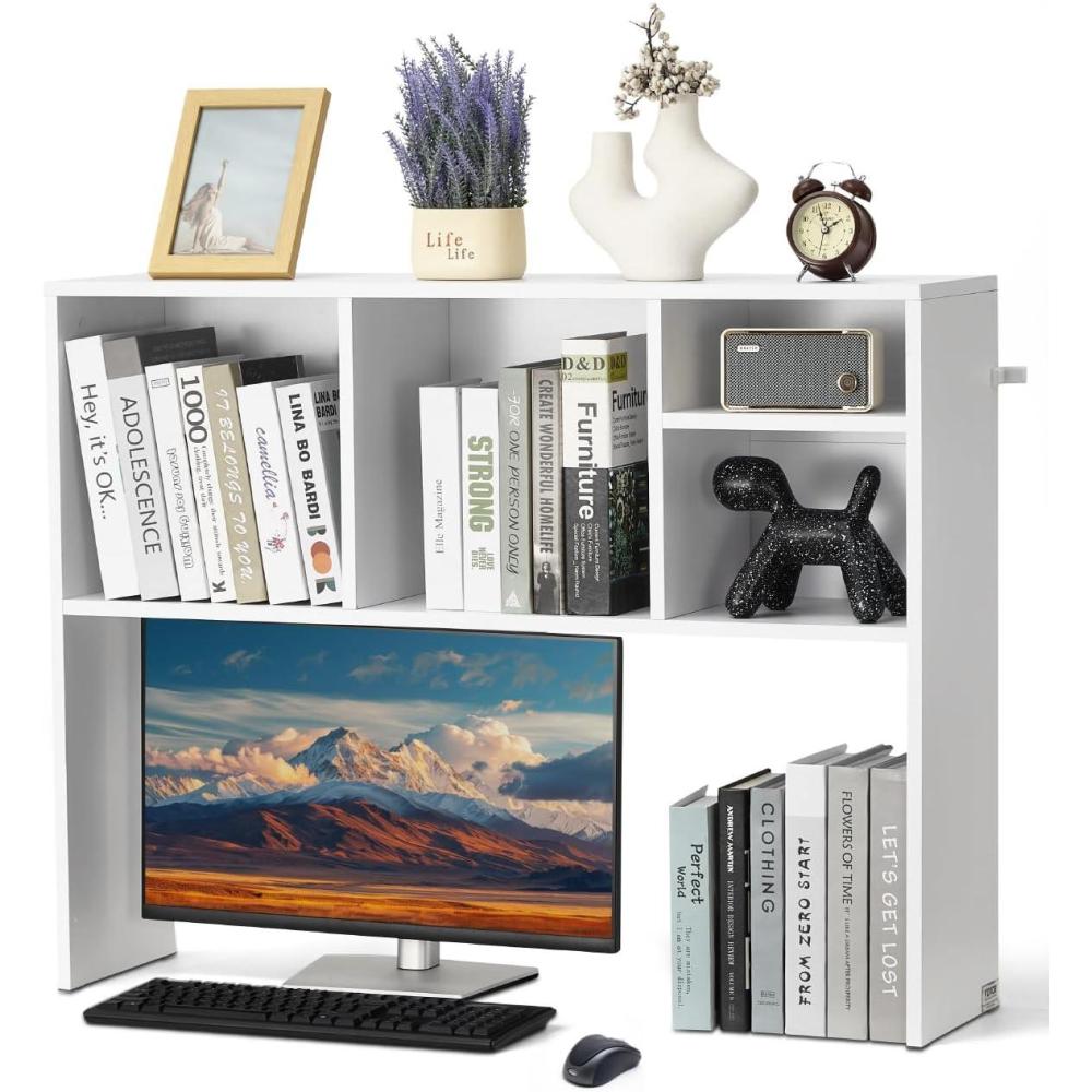 imageVEVOR Desktop Bookshelf Storage Organizer with 5 Shelves for Computer Desk Wooden Shelf Desk Hutch with AntiSlip Feet Pads Desk Top Display Rack for Office Home ampamp Dorm WhiteWhite