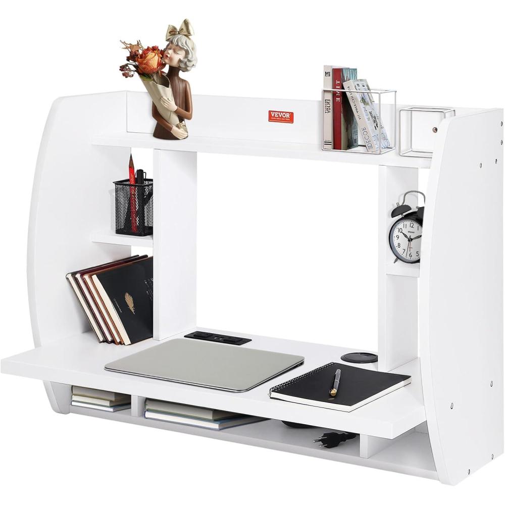 imageVEVOR Desktop Bookshelf Storage Organizer with 5 Shelves for Computer Desk Wooden Shelf Desk Hutch with AntiSlip Feet Pads Desk Top Display Rack for Office Home ampamp Dorm WhiteGrey