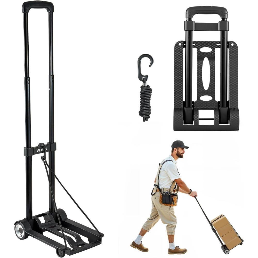 imageVEVOR Folding Hand Truck 110 lbs Load Capacity Collapsible Luggage Cart with 2 Wheels ampamp 1 Elastic Rope Utility Dolly Platform Cart for Airport Travel Furniture Luggage Office Moving Black110 lbs