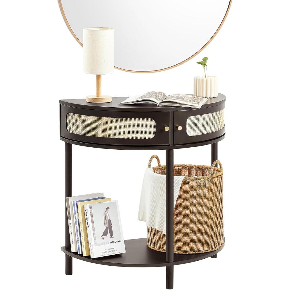 imageVEVOR HalfMoon Rattan Console Table with 2 Drawers Rattan Entryway Table with Natural Rattan Sliding Door Console Table with Storage for Living Room Study Entryway Or TV Wall Black