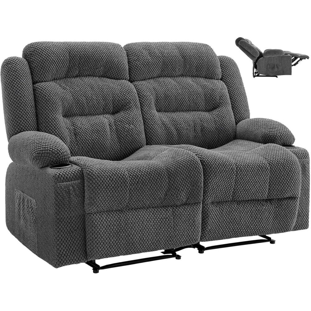 imageVEVOR Loveseat Recliner Sofa Manual Reclining Couch with Heating and Massage Soft Corduroy Recliner Sofa with USB Ports Cup Holders and Side Storage Bags Dual Loveseat Chair for Living Room Grey