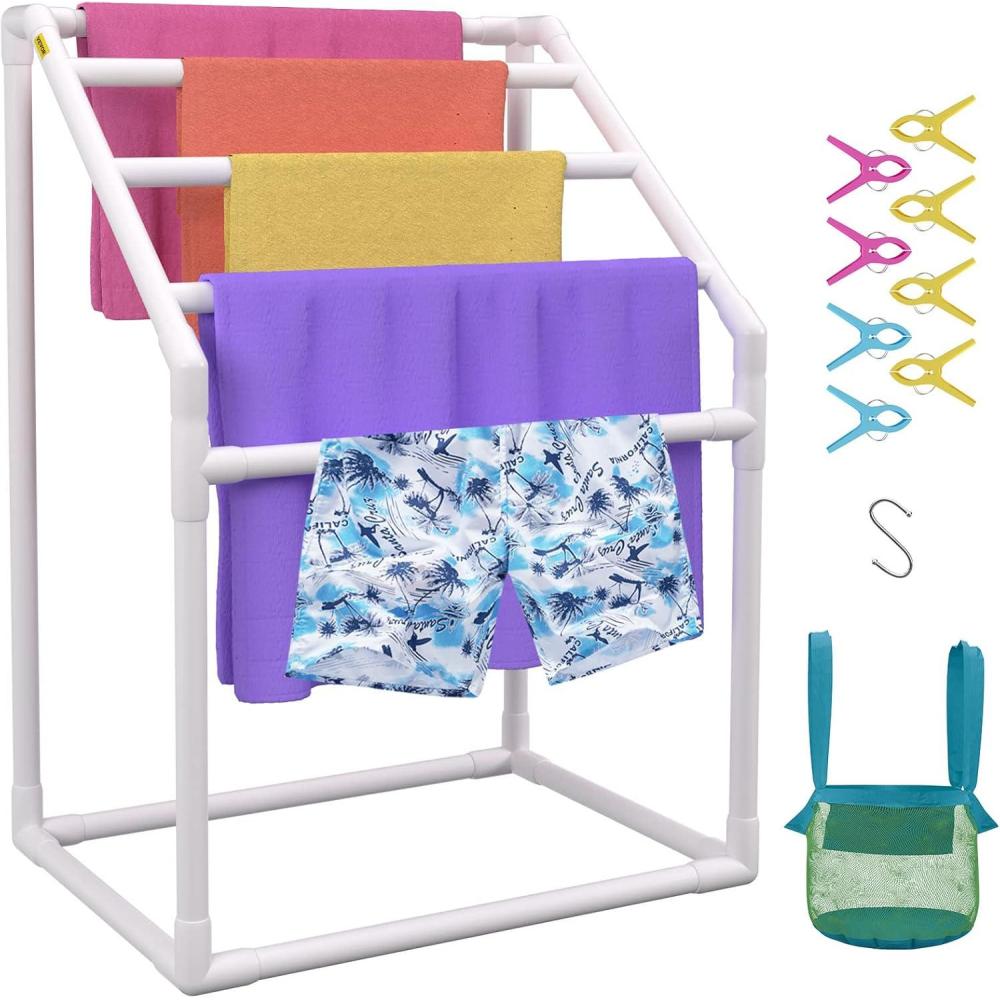 imageVEVOR Pool Towel Rack 5 Bar White Freestanding Outdoor PVC Trapedozal Poolside Storage Organizer Include 8 Towel Clips Mesh Bag Hook Also Stores Floats and Paddles for Beach Swimming PoolWhite