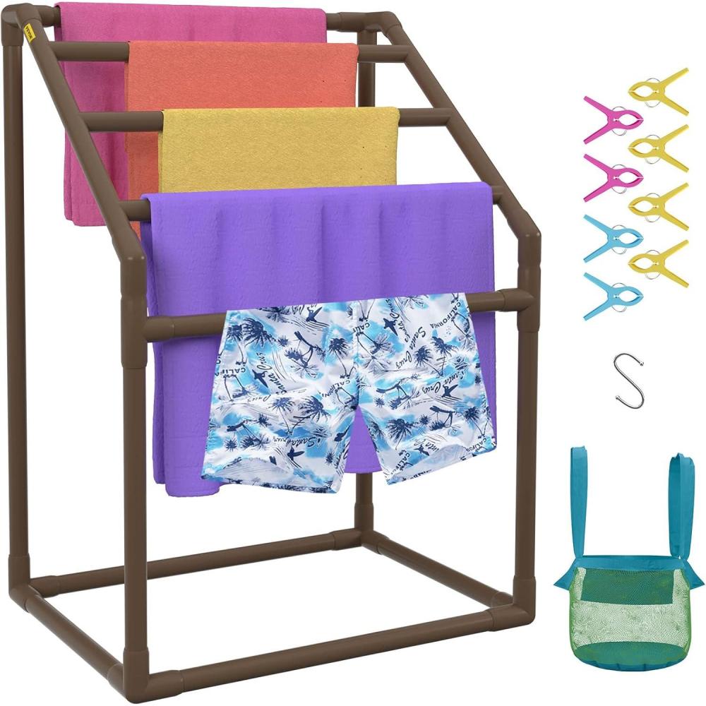 imageVEVOR Pool Towel Rack 5 Bar White Freestanding Outdoor PVC Trapedozal Poolside Storage Organizer Include 8 Towel Clips Mesh Bag Hook Also Stores Floats and Paddles for Beach Swimming PoolBrown