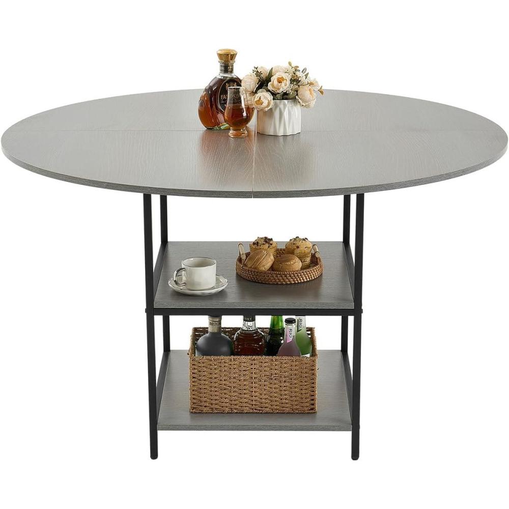 imageVEVOR Round Dining Table 47 inch Wood Table for 46 Person Modern Circle Dinner Furniture Leisure Tables with Storage Shelf and Metal Legs for Home Kitchen Living Room Grey Only Table