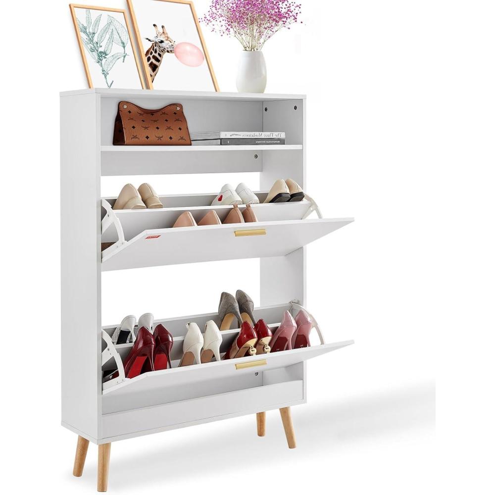 imageVEVOR Shoe Cabinet with 2 Flip Drawers Shoe Storage Cabinet for Entryway Free Standing Shoe Storage Organizer with Rattan Doors for Heels Boots Slippers in Hallway Living Room315D x 94W x 473H