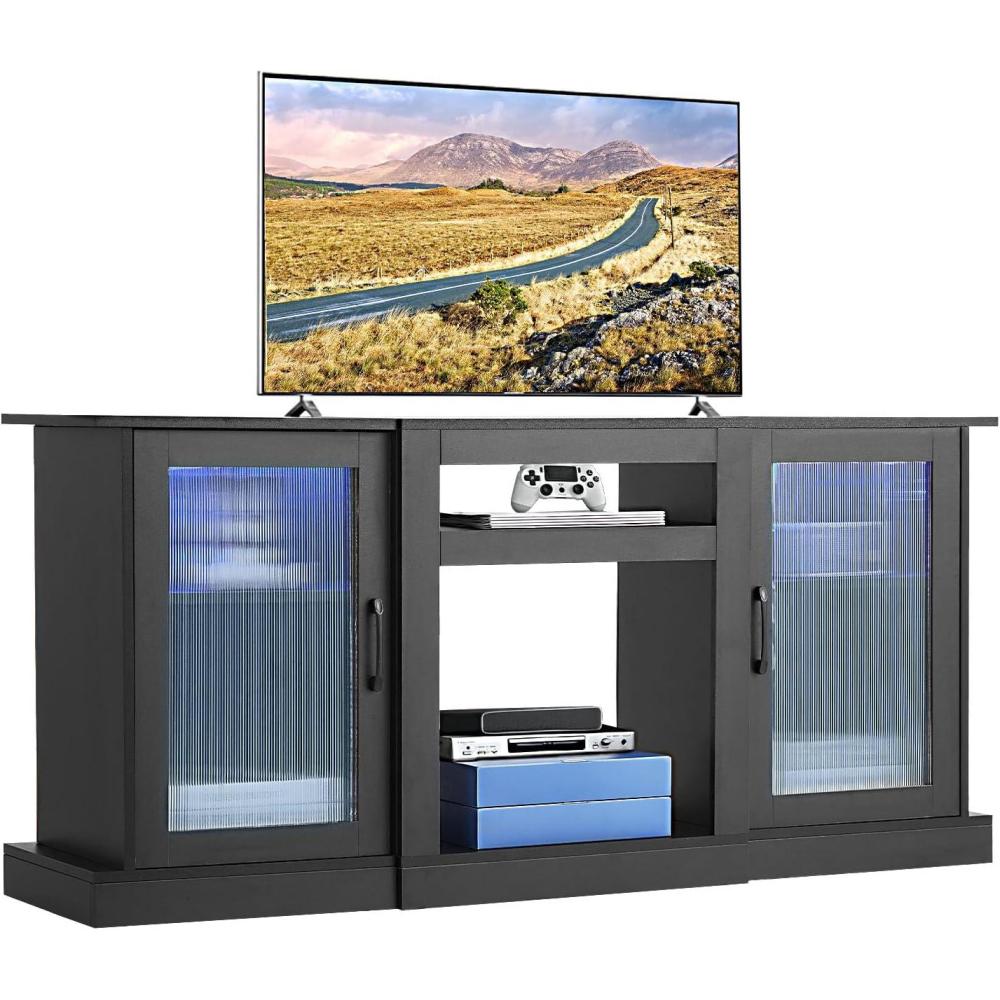 imageVEVOR TV Stand for TVs up to 65 inch Modern Entertainment Center with Light Strip Wooden TV Cabinet Storage with Glass Doors and Adjustable Shelves Console Table for Living Room and Bedroom Black