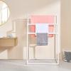 imageVEVOR Pool Towel Rack 5 Bar White Freestanding Outdoor PVC Trapedozal Poolside Storage Organizer Include 8 Towel Clips Mesh Bag Hook Also Stores Floats and Paddles for Beach Swimming PoolWhite