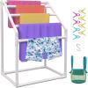 imageVEVOR Pool Towel Rack 5 Bar White Freestanding Outdoor PVC Trapedozal Poolside Storage Organizer Include 8 Towel Clips Mesh Bag Hook Also Stores Floats and Paddles for Beach Swimming PoolWhite