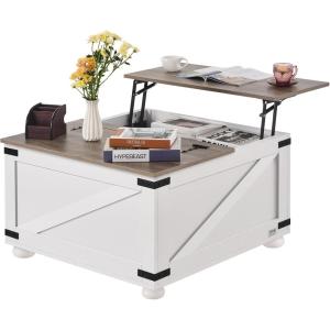 imageVEVOR 315quot Farmhouse Coffee Table Hinged Lift Top Coffee Square Table with Storage Compartment Wooden Rustic Cocktail Table for Living Room Bedroom Apartment Studio Gray ampamp White315 Inch