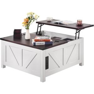 imageVEVOR 315quot Farmhouse Coffee Table Hinged Lift Top Coffee Square Table with Storage Compartment Wooden Rustic Cocktail Table for Living Room Bedroom Apartment Studio Gray ampamp White36 Inch