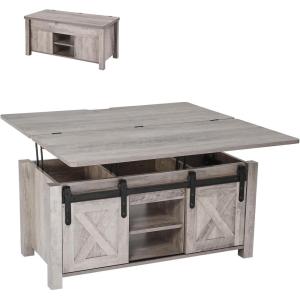 imageVEVOR 394 in Farmhouse Lift Top Coffee Table Rustic Center Table with Barn Door and Hidden Storage Compartment Modern Rectangle Lifting Tabletop for Living Room Office Home Easy Assembly BrownOak Grey