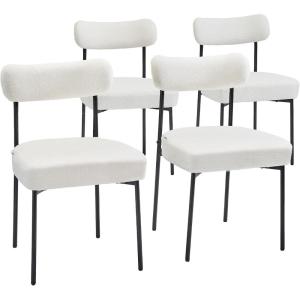 imageVEVOR Boucle Dining Chairs Set of 4 Mid Century Modern Sherpa Accent Chairs Upholstered Side Chair for Dining Room SpaceSaving White Kitchen Chair with Curved Backrest and Black Metal LegsSet of 4