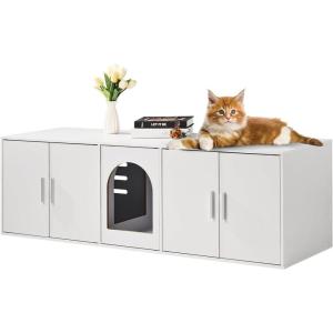 imageVEVOR Cat Litter Box Enclosure for 2 Cats Litter Box Furniture Hidden with Rattan Decorated Doors Wooden Cat Box Cabinet Fit Most of Litter Box 472quot L x 197quot W x 217quot H NaturalWhite