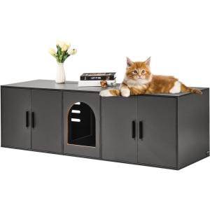 imageVEVOR Cat Litter Box Enclosure for 2 Cats Litter Box Furniture Hidden with Rattan Decorated Doors Wooden Cat Box Cabinet Fit Most of Litter Box 472quot L x 197quot W x 217quot H NaturalGrey