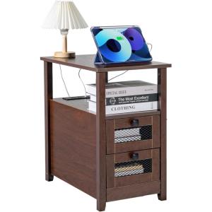 imageVEVOR Farmhouse End Table Narrow Night Stand with USB Ports and Outlets 4 Tiers End Table Side Table with Storage Cabinet and 2 Drawers Ideal for Living Room Bedroom Office Brown