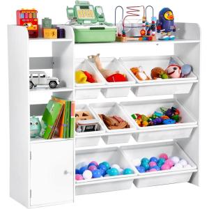 imageVEVOR Kids Toy Storage and Bookshelf 4Tier Large Toy Storage Organizer with 8 Flexible Plastic Bins Kids Cubby Cabinet with Bookshelf for Study Room Bedroom Playroom Classroom Nursery White443 Wide