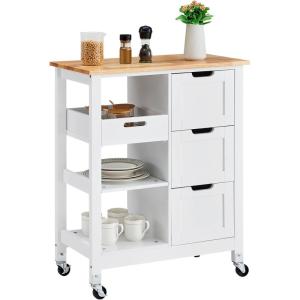 imageVEVOR Kitchen Island Cart 26 inch Wood Top Mobile Breakfast Bar Rolling Kitchen Table with 3 Drawers and Shelves Portable Islands on Wheels for Dining Kitchen Living Room Farmhouse White