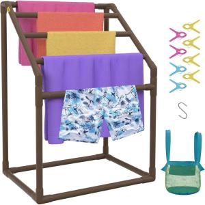 imageVEVOR Pool Towel Rack 5 Bar White Freestanding Outdoor PVC Trapedozal Poolside Storage Organizer Include 8 Towel Clips Mesh Bag Hook Also Stores Floats and Paddles for Beach Swimming PoolBrown