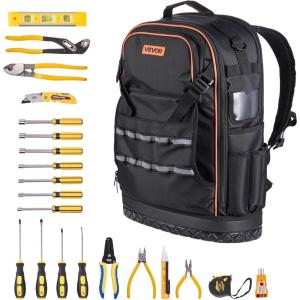 imageVEVOR Tool Backpack 64 Pockets Heavyduty Tools Storage Organizer Work Bags Backpack with Laptop Compartment ampamp Molded Base Electrician Jobsite Backpack for Electrician Repairman and HVAC Techs65 Pockets  21Pcs Tool