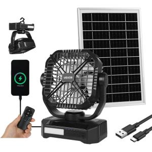 imageVEVOR 10400mAh Solar fan Camping Fan with Solar Panel ampamp LED Lantern 7W 8 Inch Portable Rechargeable Battery Powered for Outside 4Speed and Quiet Operated for Picnic Barbecue Fishing TravelBattery Fan w Solar Panel 7W