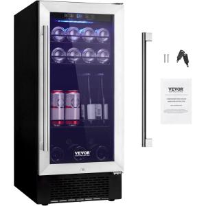 imageVEVOR 15 Beverage Refrigerator 96 Cans Under Counter Builtin or Freestanding Beer Fridge Blue LED Light Adjustable Shelves Child Lock ETL