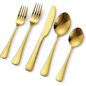 imageVEVOR 30Piece Silverware Set FoodGrade Stainless Steel Flatware Utensils Mirror Finished Cutlery Set Dishwasher Safe Eating Tableware for Kitchen Home Service for 6 Include Knife Fork SpoonGold