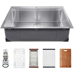 imageVEVOR 30quot Recessed Kitchen Sink Workstation 9quot Deep Top Mount Single Bowl Kitchen Sink 304 Stainless Steel Sink with Drain Rack Cutting Board and Rinse Grid for Home RV Bar Black 33INSilver