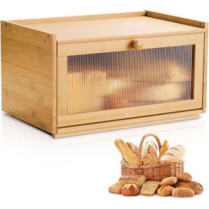imageVEVOR Bread Box for Kitchen Counter Large Capacity Bamboo Bread Storage Container Farmhouse Wooden Breadbox Organizer for Homemade Bread Storage Holder Bin with Acrylic Wavy Door Panel Natural