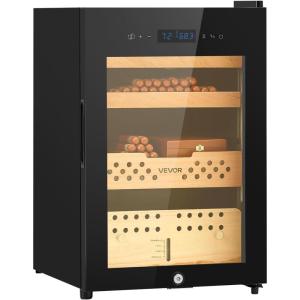 imageVEVOR Cigar Humidor Cabinet Handmade Spanish Cedar Wood Cigar Humidor for 100150 Cigars Glass Cigar Desktop Storage Case with Digital Hygrometer Humidifier Shelves and Handle Great Gift for MenBlack