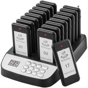 imageVEVOR F103 Restaurant Pager System 20 Pagers Max 98 Beepers Wireless Calling System Touch Keyboard with Vibration Flashing and Buzzer for Church NurseHospital ampamp HotelMechanical buttons