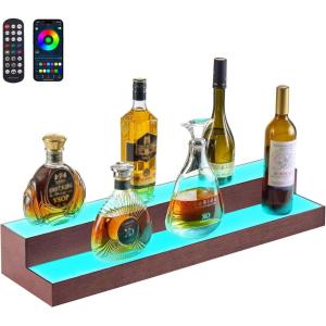 imageVEVOR LED Lighted Liquor Bottle Display 2Tier 16 Inch Whiskey Rack Supports USB Illuminated Home Bar Shelf with RF Remote ampamp App Control 7 Static Colors Acrylic Wood Lighted Shelf for 8 Bottles3 Step 30 InchesWoodAcrylic