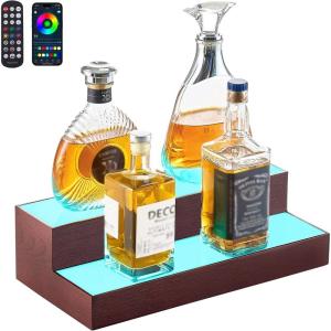imageVEVOR LED Lighted Liquor Bottle Display 2Tier 16 Inch Whiskey Rack Supports USB Illuminated Home Bar Shelf with RF Remote ampamp App Control 7 Static Colors Acrylic Wood Lighted Shelf for 8 Bottles2 Step 16 InchesWoodAcrylic