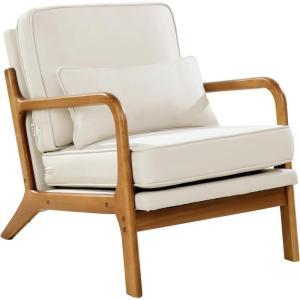 imageVEVOR Accent Chair High Back Mid Century Modern Armchair with Solid Wood Frame and NonSlip Legs Upholstered Leisure Chair with Linen Fabric and 53 in Thickened Cushion for Living Room BedroomRegular Model