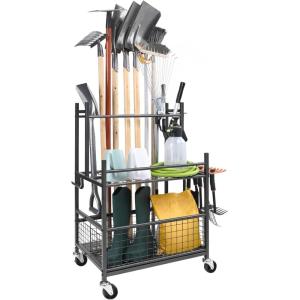 imageVEVOR Garden Tool Organizer 10 Slots with Hooks Yard Tool Tower Rack with Wheels for Garage Organization and Storage Hold LongHandled ToolRakeBroom Metal Tool Stand Holder for Shed OutdoorTiered Shelf
