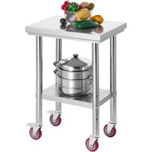 imageVEVOR Stainless Steel Table 24 x 354 Inches Food Prep Worktable with Wheels Kitchen Prep Table with Adjustable Undershelf Workstations for Commercial Kitchen Restaurant Hotel and Garage Outdoor2418
