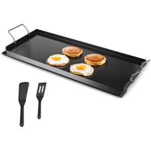imageVEVOR Carbon Steel Griddle Flat Top Plate Griddle for BBQ CharcoalGas Gril with 2 Handles Rectangular Flat Top Grill with Extra Drain Hole for Tailgating and Party32 x 14 x 19