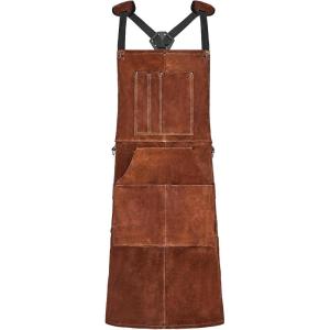 imageVEVOR Leather Welding Work Apron Heavy Duty Cowhide Flame Resistant Welding Apron HeatResistant Blacksmith Welder Aprons with 6 Tool Pockets for Woodworking Gardening BBQ