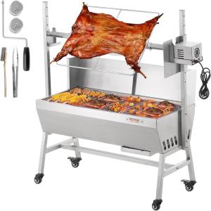 imageVEVOR Rotisserie Grill with Windscreen BBQ Whole Pig Lamb Goat Charcoal Spit Grill 35 Inch 90 Lbs Capacity Electric 42W Motor Stainless Steel Roaster with Lockable Wheels for Camping Outdoor35INWith Baffle