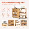 imageVEVOR Folding Sewing Table Multipurpose Sewing Machine Table with Compact Design Wheels Shelves Storage Trays Wooden Pegs and Magnetic Doors Sewing Desk Cabinet for Sewing Machine Wood ColorLight Brown