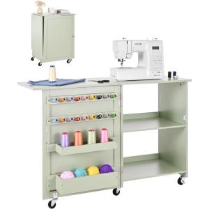 imageVEVOR Folding Sewing Table Multipurpose Sewing Machine Table with Compact Design Wheels Shelves Storage Trays Wooden Pegs and Magnetic Doors Sewing Desk Cabinet for Sewing Machine Wood ColorLight Green