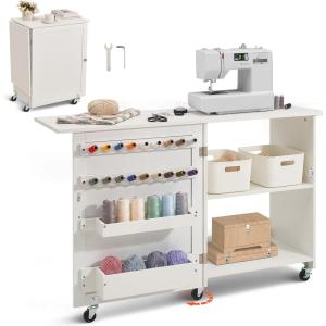imageVEVOR Folding Sewing Table Multipurpose Sewing Machine Table with Compact Design Wheels Shelves Storage Trays Wooden Pegs and Magnetic Doors Sewing Desk Cabinet for Sewing Machine Wood ColorWhite