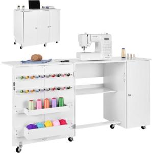 imageVEVOR Folding Sewing Table Multipurpose Sewing Machine Table with Compact Design Wheels Shelves Storage Trays Wooden Pegs and Magnetic Doors Sewing Desk Cabinet for Sewing Machine Wood ColorWhite With Cabinet