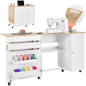 imageVEVOR Folding Sewing Table Multipurpose Sewing Machine Table with Compact Design Wheels Shelves Storage Trays Wooden Pegs and Magnetic Doors Sewing Desk Cabinet for Sewing Machine Wood ColorWhite With Cabinet and Charging Station