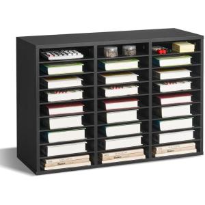 imageVEVOR Literature Organizer 27 Compartments Office Mailbox with Removable Shelves Wood Mailbox Sorter Particle Board Office Home Classroom Storage File Sorter for File Document Paper BlackGreyBlack