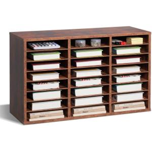 imageVEVOR Literature Organizer 27 Compartments Office Mailbox with Removable Shelves Wood Mailbox Sorter Particle Board Office Home Classroom Storage File Sorter for File Document Paper BlackGreyRetro Brown