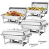 imageVEVOR Rectangle Chafing Dishes 9 Qt 4 Pack Stainless Steel Chafing Dish Food Warmer Chafer Complete Set with Hollow Handle 2 Food Tongs Lid Fuel Holder Chafer Dishes for Banquet Party Wedding4 PACKS