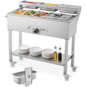 imageVEVOR 6Pan Commercial Propane Steam Table LP Gas Outdoor Soup Warmer with Drain Valve and 3quot Wheels Stainless Steel Propane Food Warmer with Adjustable Temperature for Restaurant Outdoor Camping513 Pan40QT
