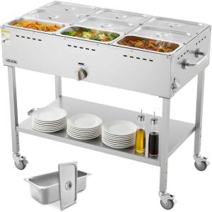imageVEVOR 6Pan Commercial Propane Steam Table LP Gas Outdoor Soup Warmer with Drain Valve and 3quot Wheels Stainless Steel Propane Food Warmer with Adjustable Temperature for Restaurant Outdoor Camping913 Pan72QT